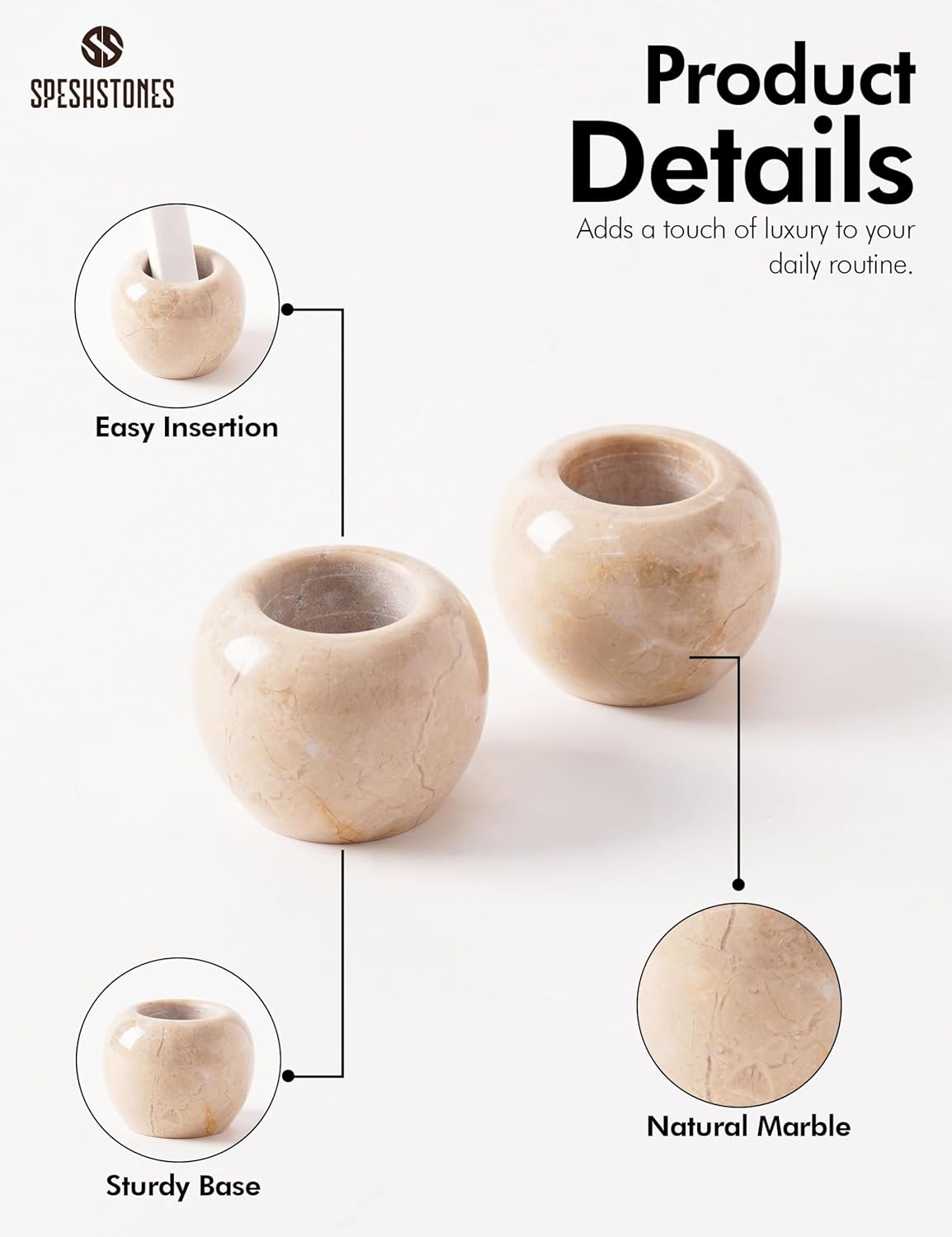 Mini Toothbrush Holders for Bathrooms 1.2 Inch Beige Marble Tooth Brush Holder Set of 2 for Bathroom Organizers and Countertop Storage Accessories, Sink, Gifts & Vanity Decor - Image 6