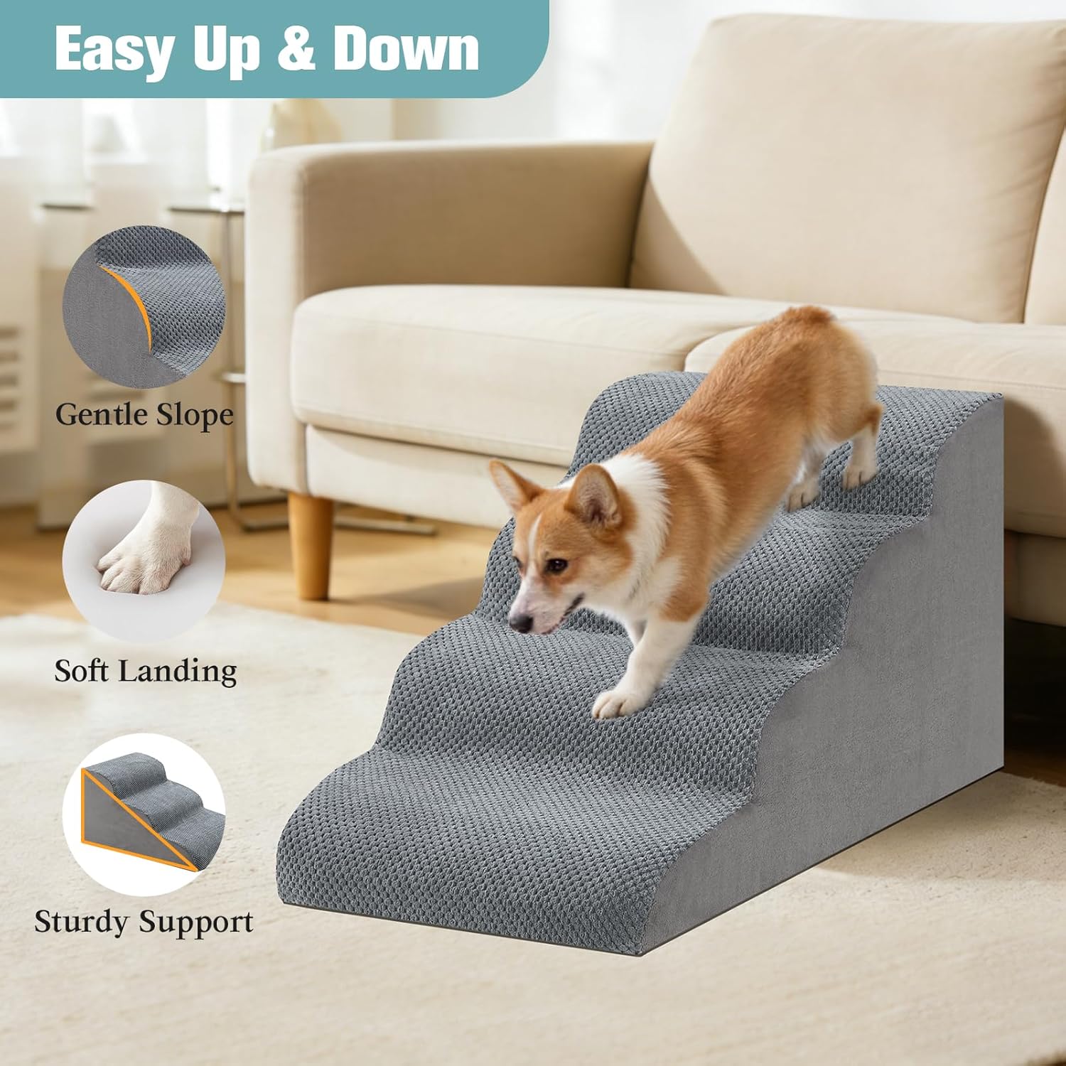 Dog Stairs for Small Dogs, 4-Step Dog Steps for Couch Sofa and Low-Profile & Platform Bed, High-Density Foam Pet Steps Ramp with Removable Washable Cover for Older Injured Dogs Cats, 15.75" H, Grey