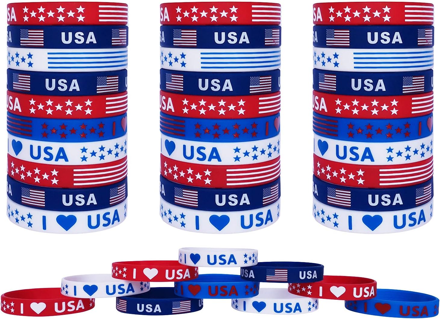 American Flag Silicone Bracelet 40Pcs, Fourth 4th of July Patriotic Party Favors, Memorial Day Veterans Day Wristband, USA Red White and Blue Decorations