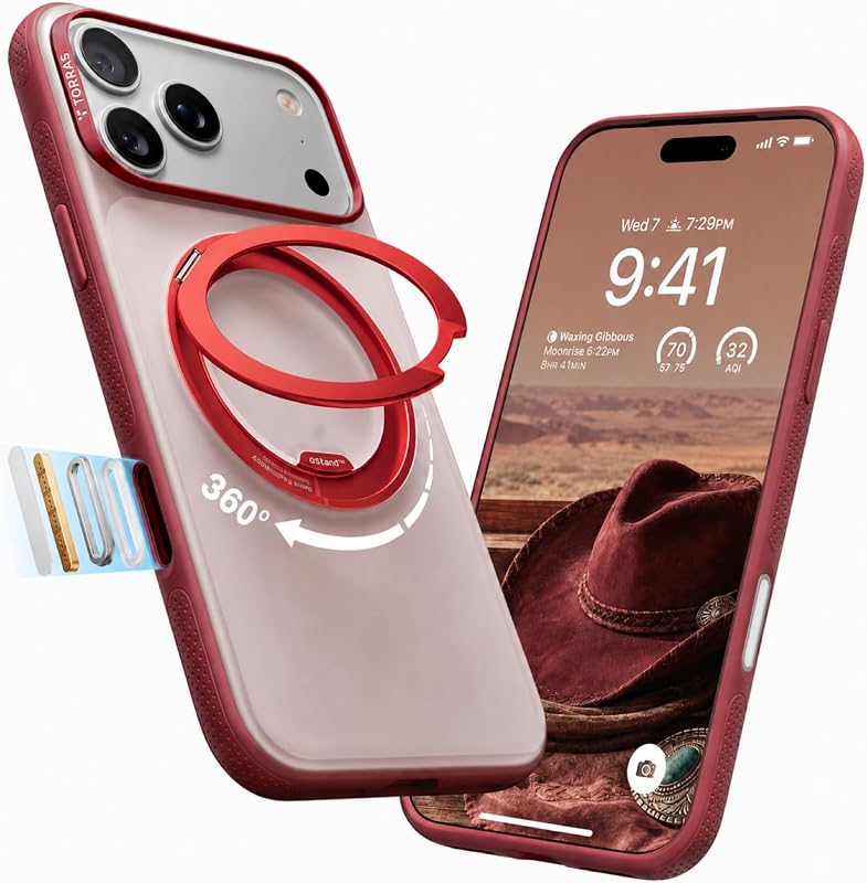 TORRAS 360 Magnetic Stand for iPhone 17 Pro Max Case, O3 Fitness Series | [Fit for MagSafe] [4X Military-Grade Protection] Slim Case for iPhone 17 Pro Max, 6.9", Translucent Burgundy Red