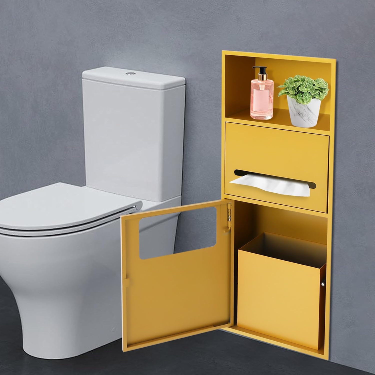 Modern Bathroom Niche, Recessed Bathroom Toilet Storage Cabinet with Built-in Trash Can, Stainless Steel Wall Recessed Shelf Organizer for Toilet Paper, Shampoo, Toiletries(Gold)