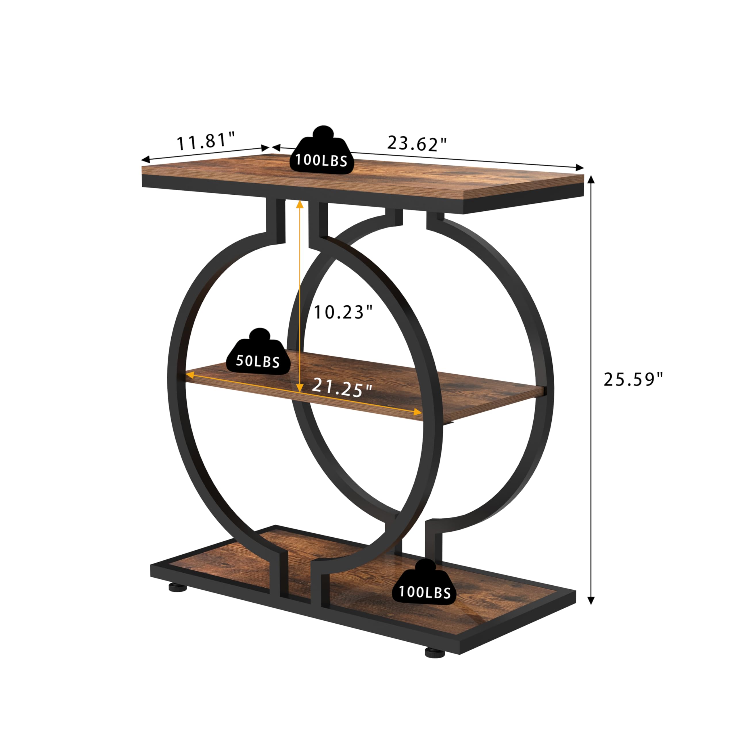 Trironsun Mesa auxiliar estrecha con 3 niveles, mesa redonda para sofá con estructura en forma de O, pequeña mesa industrial para salón dormitorio (marrón rústico)