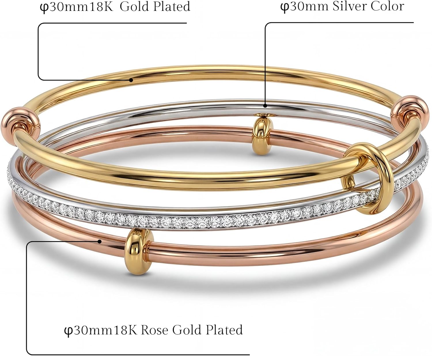 Musishiyu Gold Bracelets for Women Stacking Bangle - 18K Mixed Metal Tri-Color Rolling Interlocking Bands, Cubic Zirconia Fidget Anxiety Jewelry, Valentine's Galentine's Day Gifts - Image 8