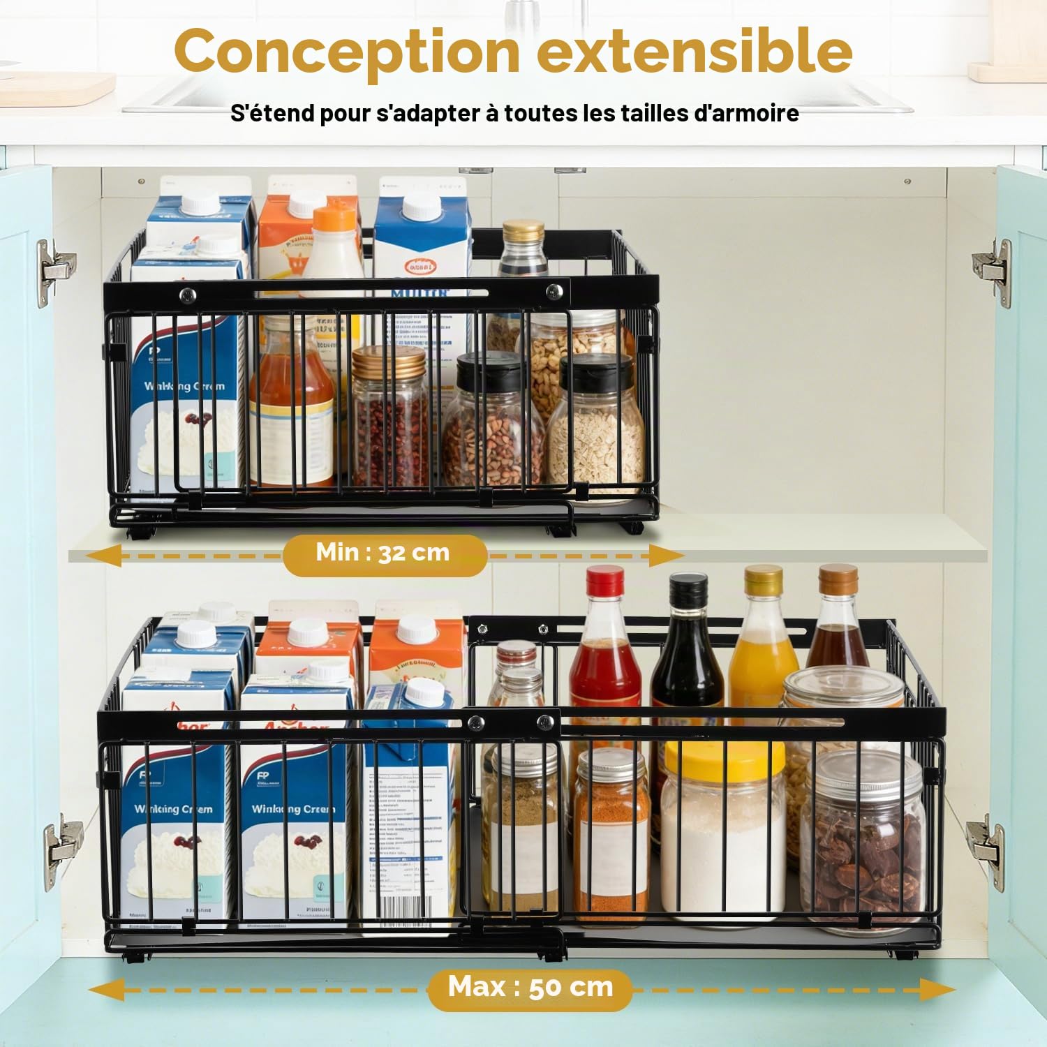 Lot de 2 Tiroirs Coulissants pour Placard de Cuisine - Organisateur de Rangement Coulissant Extensible, Largeur Réglable de 30 à 51 cm, Sans Perçage, Universel pour Cuisine, Salle de Bain, Dressing