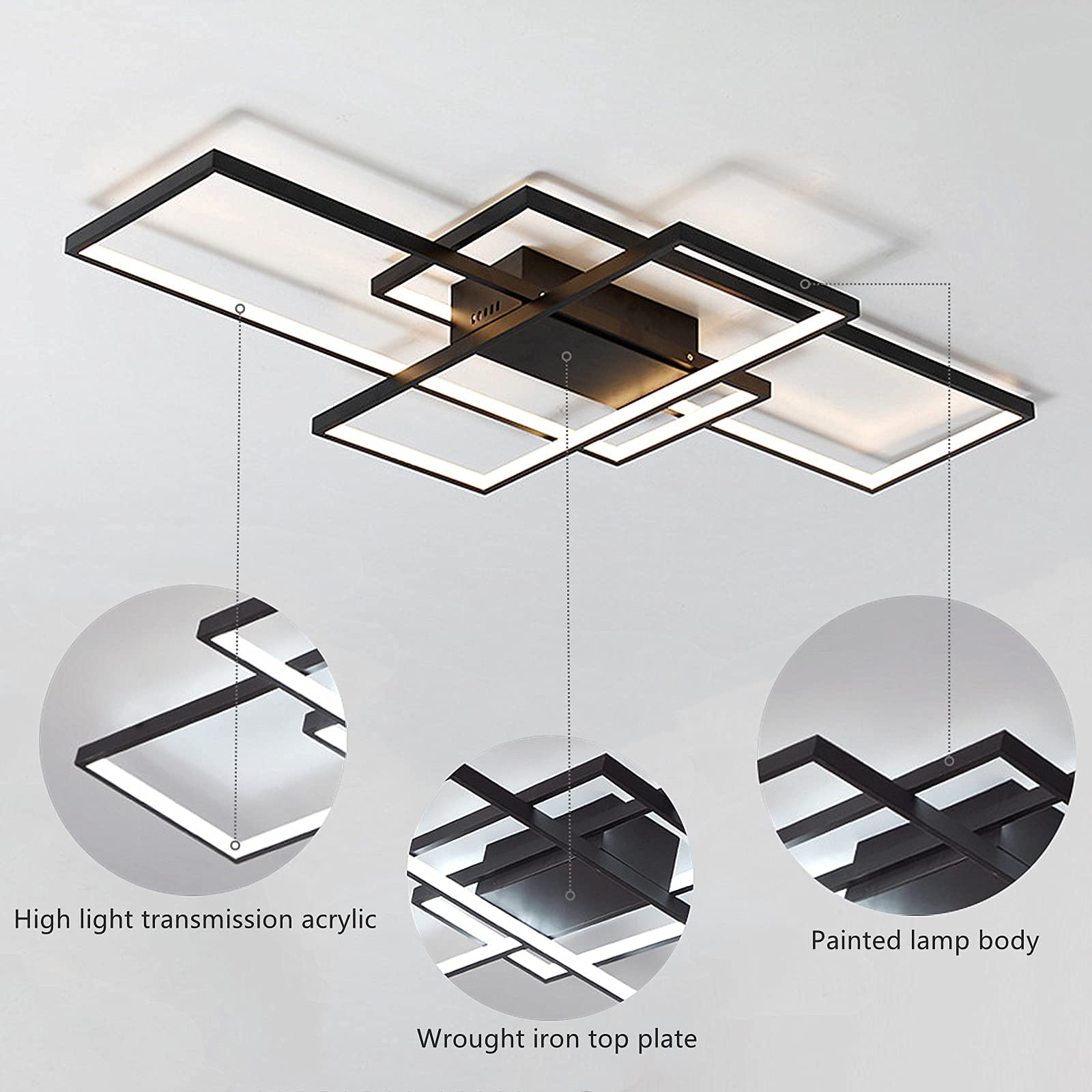 LED Lámpara De Techo De Salón Luz De Techo De Comedor Moderno Regulable Control Remoto Dormitorio Decoración Araña De Techo Cocina Creativa Estudio Balcón Pasillo Corredor Luces,Negro,80x45x6.5cm