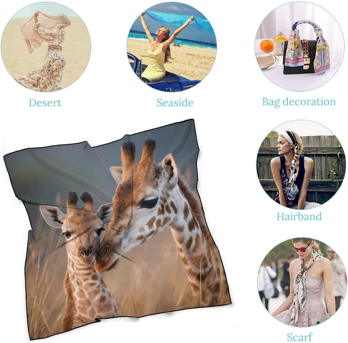 Giraffe Love Silk-Like Square Scarf for Women Vintage Printed Neck Scarf Bandanas Hair Scarves
