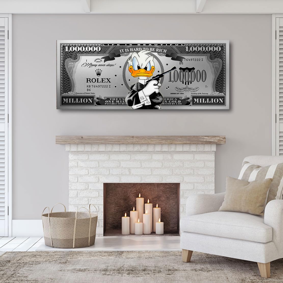 Kunstgestalten24 Donald Duck Bond Dollar Silver Style Pop Art Leinwandbild | Kunstdruck | Wanddeko | Street Art | Gemälde | Comic Bilder | Wandbild Leinwand Modern 200x80x4cm