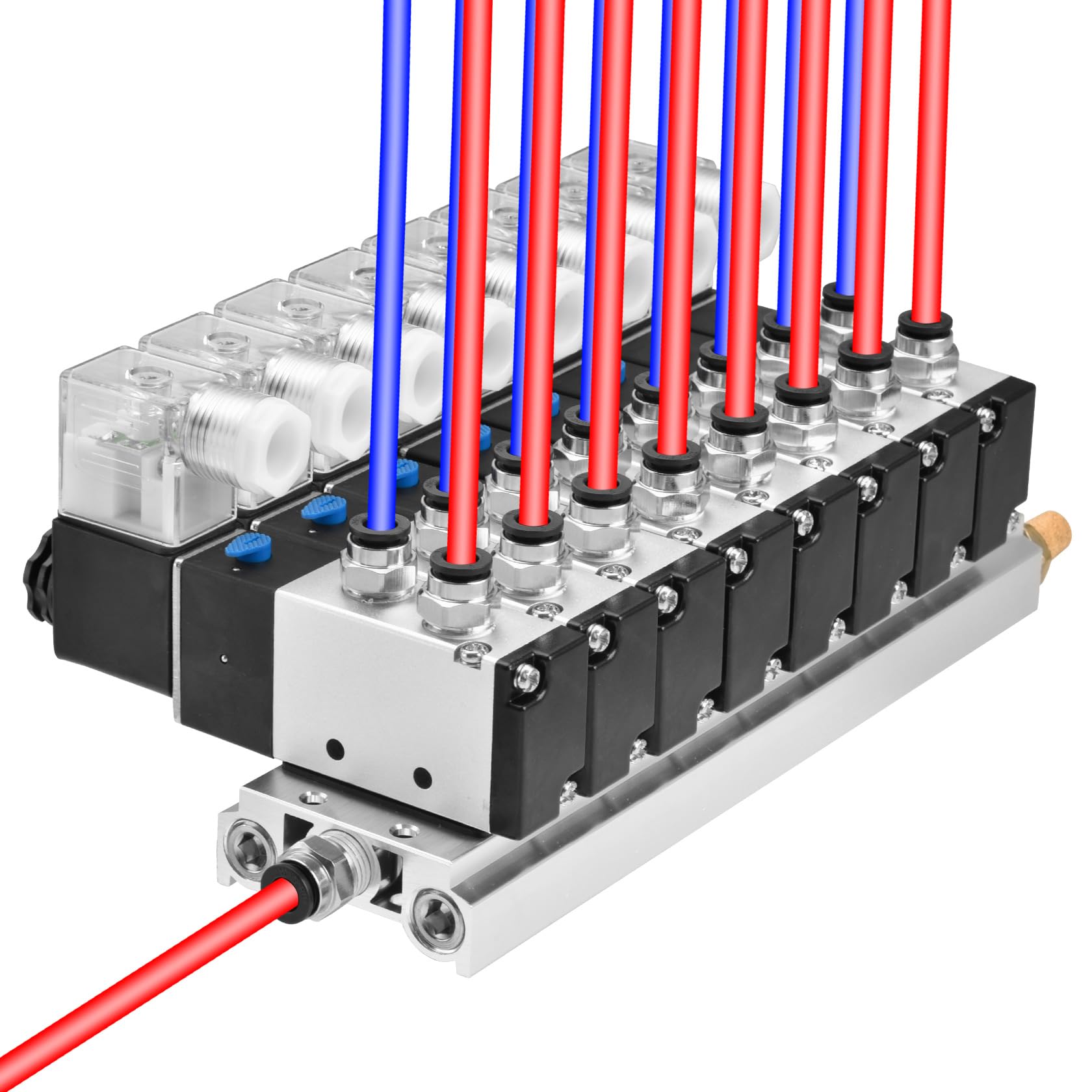 Heschen Válvula solenoide integrada de 8 espacios 4V210-08, DC24V, PT1/4 pulgadas, 5 posiciones 2 posiciones, con silenciador de base, juego de accesorios rápidos