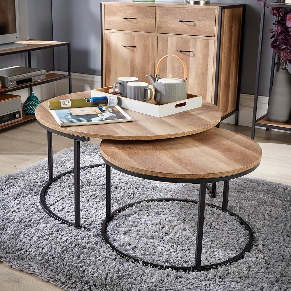 Home Source Round Nest Of 2 Coffee Tables Stackable Side Tables Oak Effect Finish Black