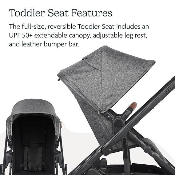 UPPAbaby Cruz V2 Stroller/Full-Featured Stroller with Travel System Capabilities/Toddler Seat, Bumper Bar, Bug Shield, Rain Shield Included/Greyson (Charcoal Melange/Carbon Frame/Saddle Leather)
