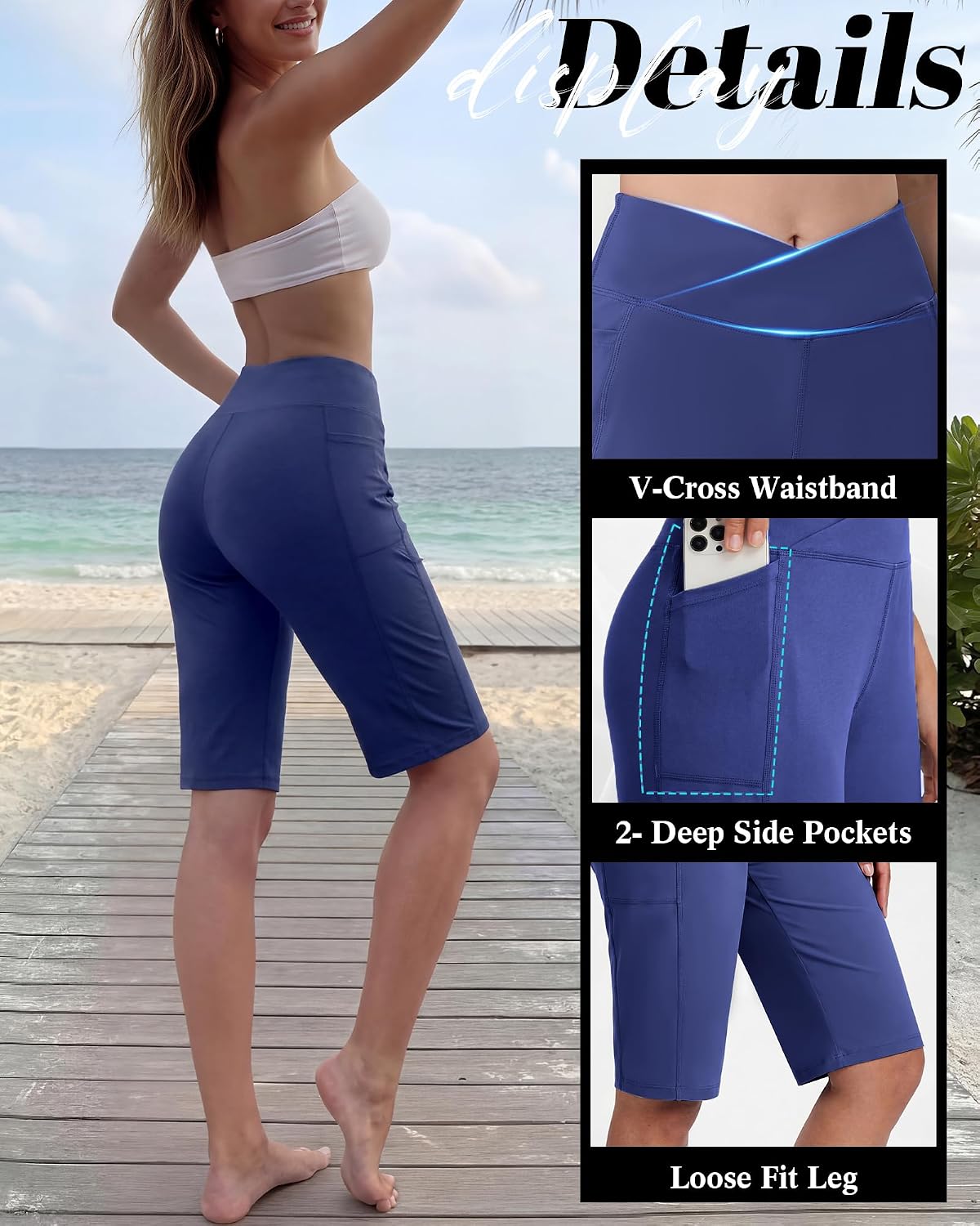 Coume 3 Pack Womens Bermuda Long Shorts High Waisted Knee Length Stretch Athletic Shorts with Pockets for Summer Workout