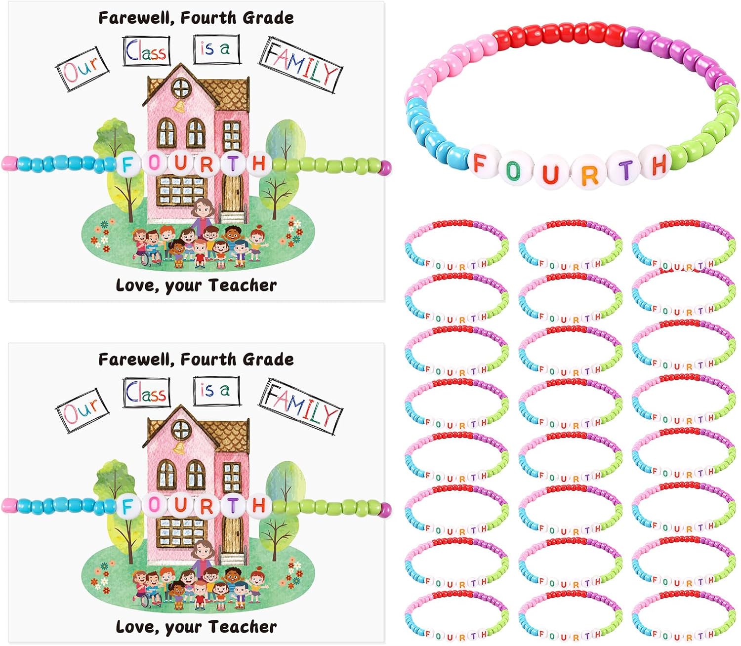 24 Sets End of Year Student Friendship Bracelets Gifts from Teacher Bulk, End of Year Class Graduation Friendship Bracelets Gifts and Our Class Is a Family Greeting Card