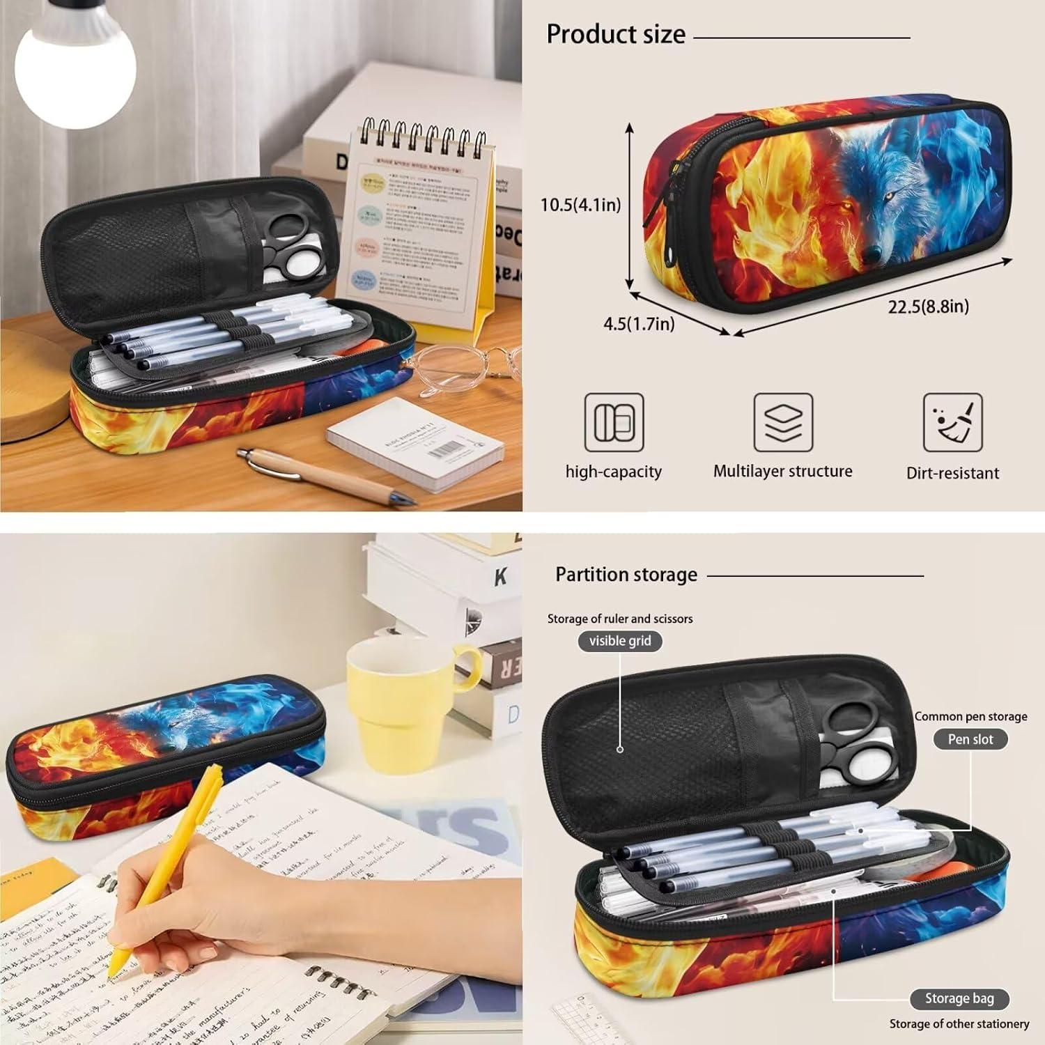 Ystardream Fire Wolf Backpack for Boys 8-12 Kindergarten School Backpack with Lunch Bag and Pencil Bag, Cool Magical Animal Bag For Children Boys and Girls Bookbag,Wear Resistant