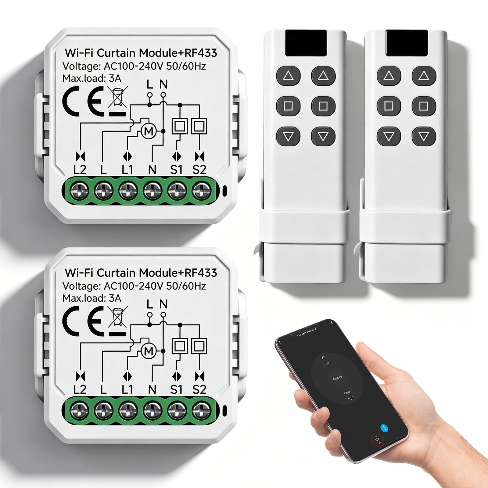 2 unidades RF WIFI Smart Interruptor de persiana con mando a distancia RF de 433 MHz, adecuado para persianas, toldos, compatible con control de aplicación Alexa/Google Home