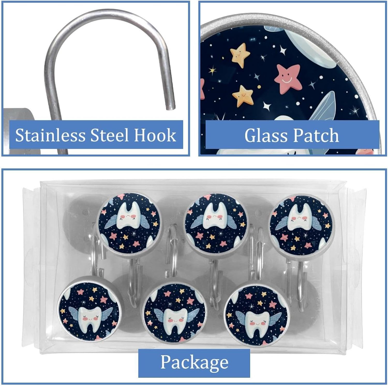 12PCS Tooth Fairy (2) Shower Curtain Hooks Rings for Bathroom, Decorative Shower Curtain Hooks Rods Curtains and Liner