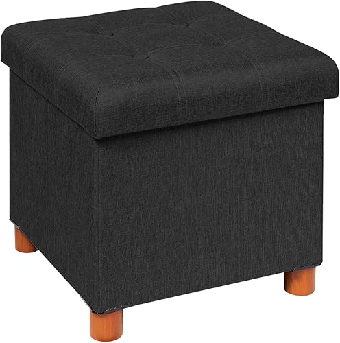 PINPLUS Cubo otomano de almacenamiento, otomana de lino con patas de madera, reposapiés otomano plegable de tela, asiento cómodo con tapa, otomana