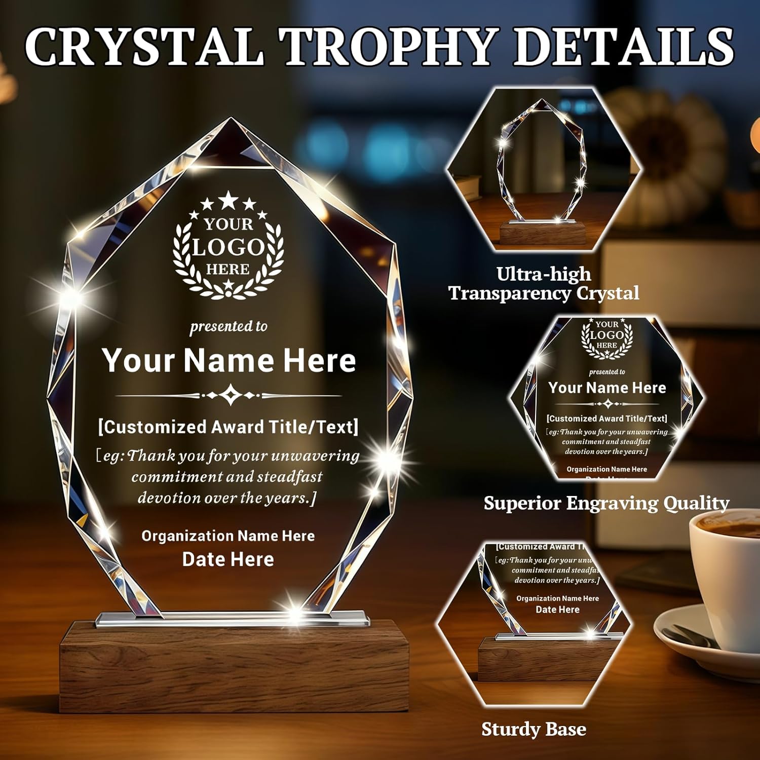 Personalized Crystal Award Trophy, Custom Award Plaque with Company Logo Text & Name, Engraved Awards for Corporate Recognition, Years of Service, Leadership, Employee Appreciation Retirement Gifts