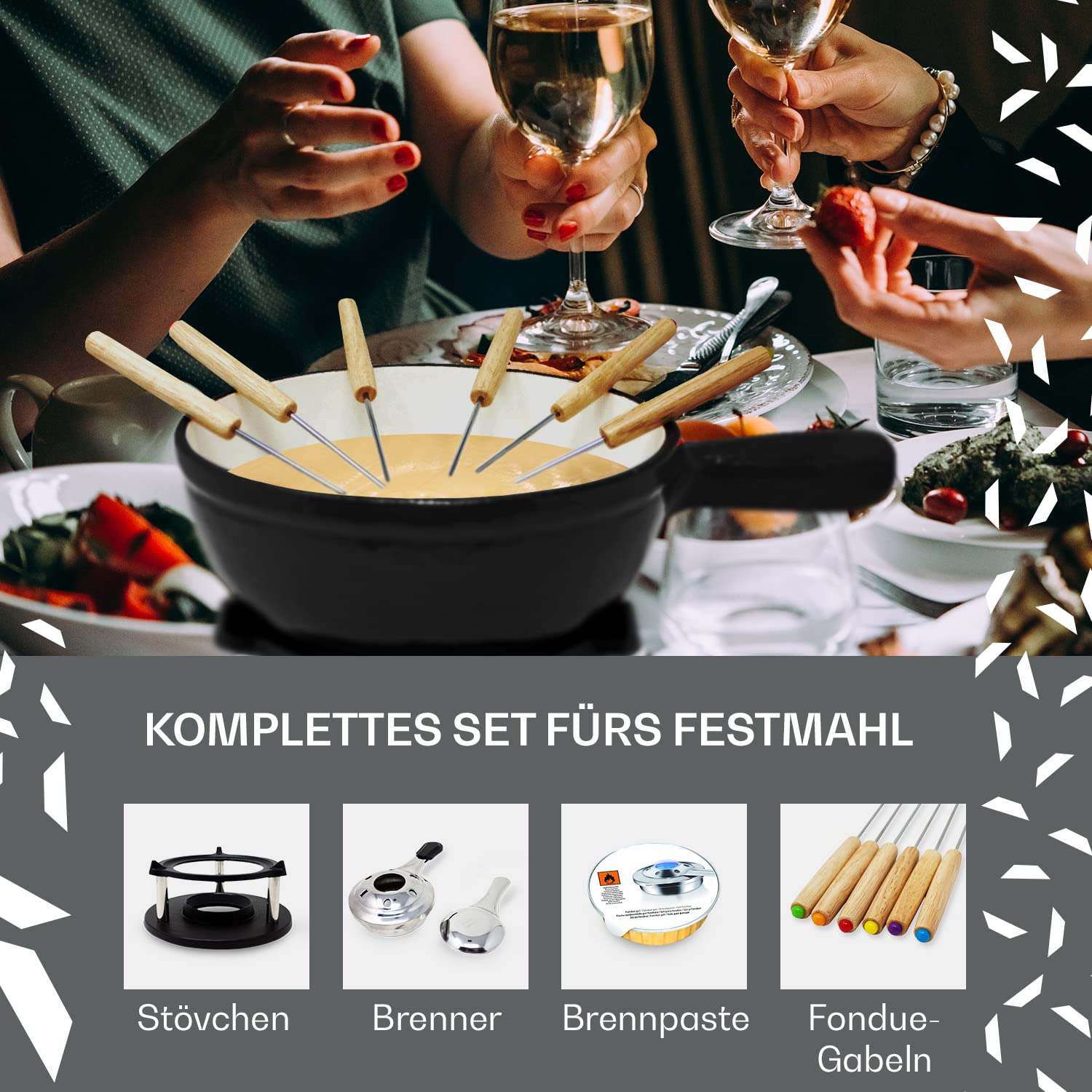 Fondueset inklusive 6 Fondue Gabeln | Käsefondue mit Stövchen 1,5L | Emailliertes Fondue für Fleisch geeignet | Gusseisen Fondue auch mit Brühe einsetzbar | Schokofondue Farbe: schwarz