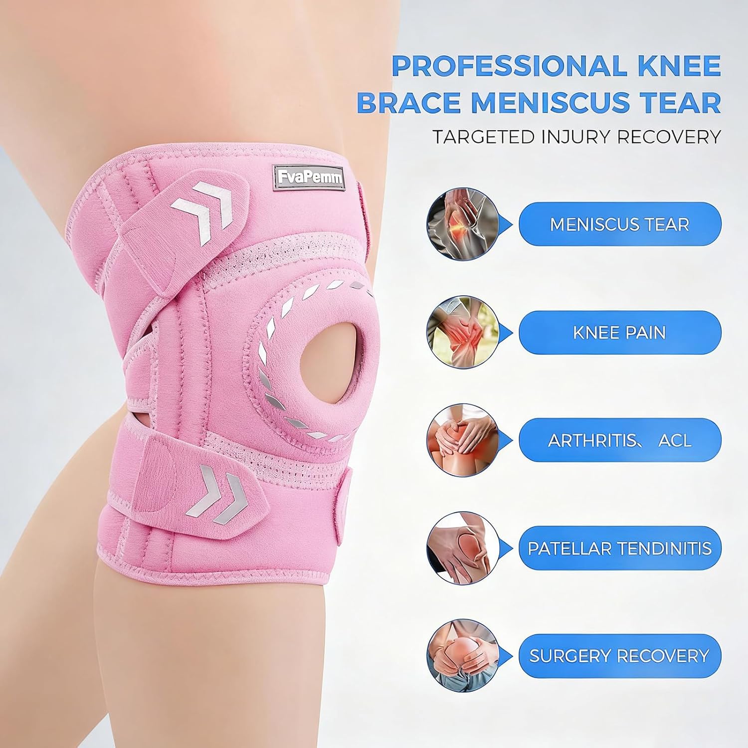 Knee Support Brace for Women Men-Knee Brace for Meniscus Tear-Adjustable Patella Knee Brace with Side Stabilizers-Arthritis Pain, Knee Pain, Injury Recovery, Sports, Running, Working Out, Pink