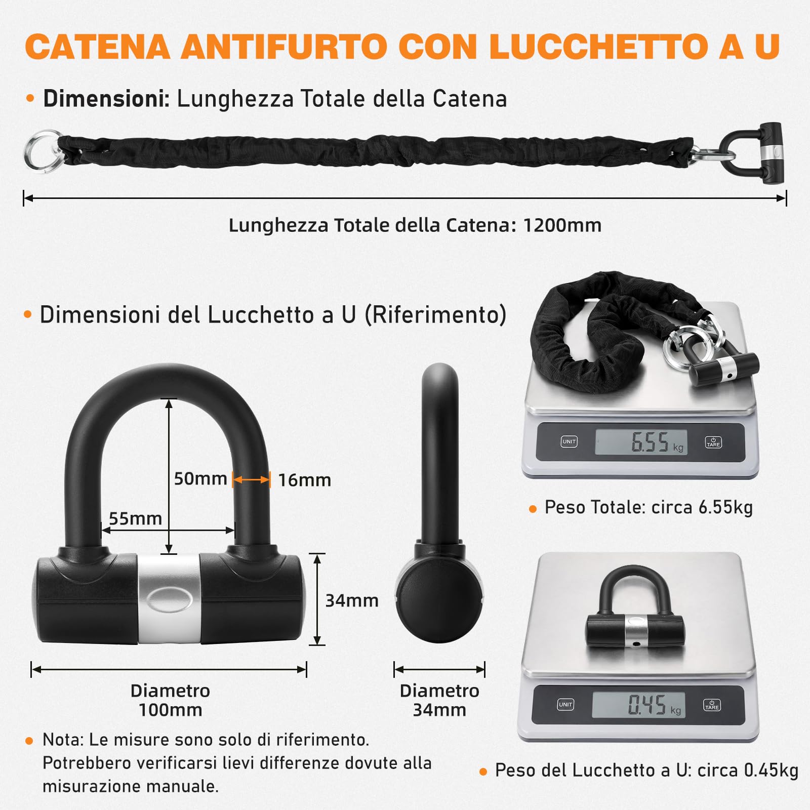 Catena Antifurto Moto 12 mm in Acciaio Temprato con Lucchetto a U e 4 Chiavi, Catena di Sicurezza per Moto, E-Bike, Scooter e Bicicletta, 120 cm – Argento