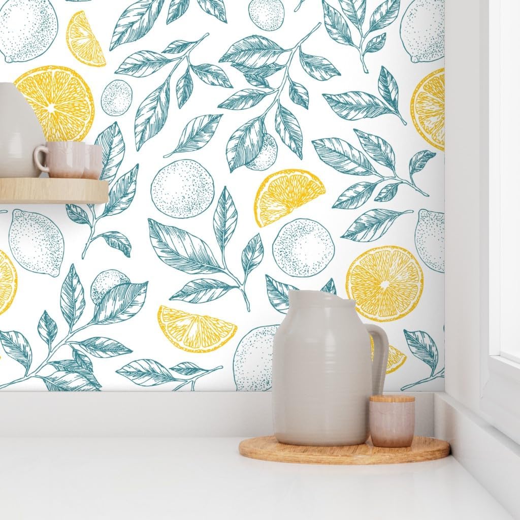 Peel & Stick Wallpaper 9ft x 2ft - Pastel Watercolor Lemon Botanical Citrus Summer Kitchen Light Blue Custom Removable Wallpaper by Spoonflower