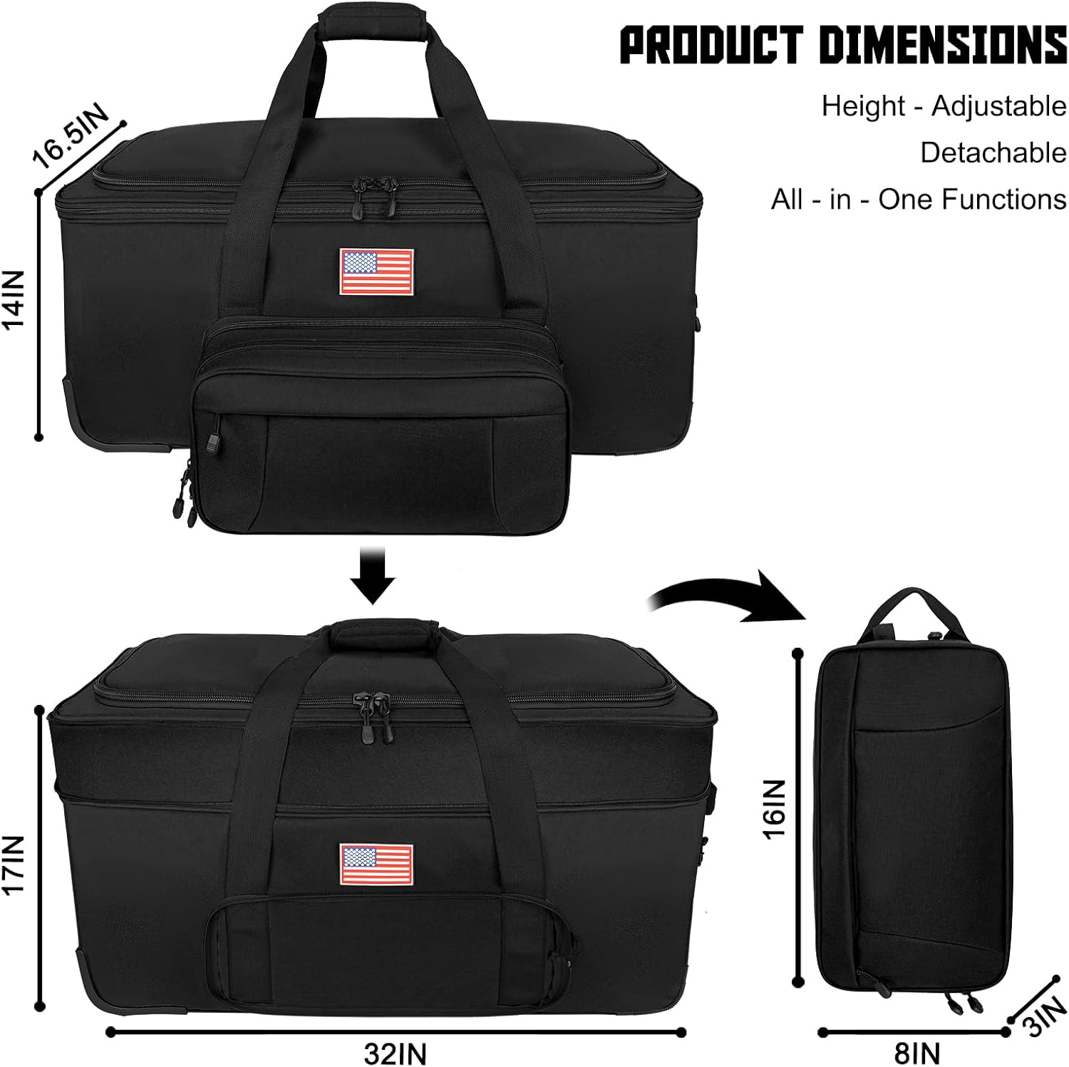 150L Large Rolling Duffle Bag with Wheels, Heavy Duty 32'' Tri-Wheel Gear Hauler for Camping,Moving Sports Equipment, Military & Airline Checked Bag Approved,Black - Image 3