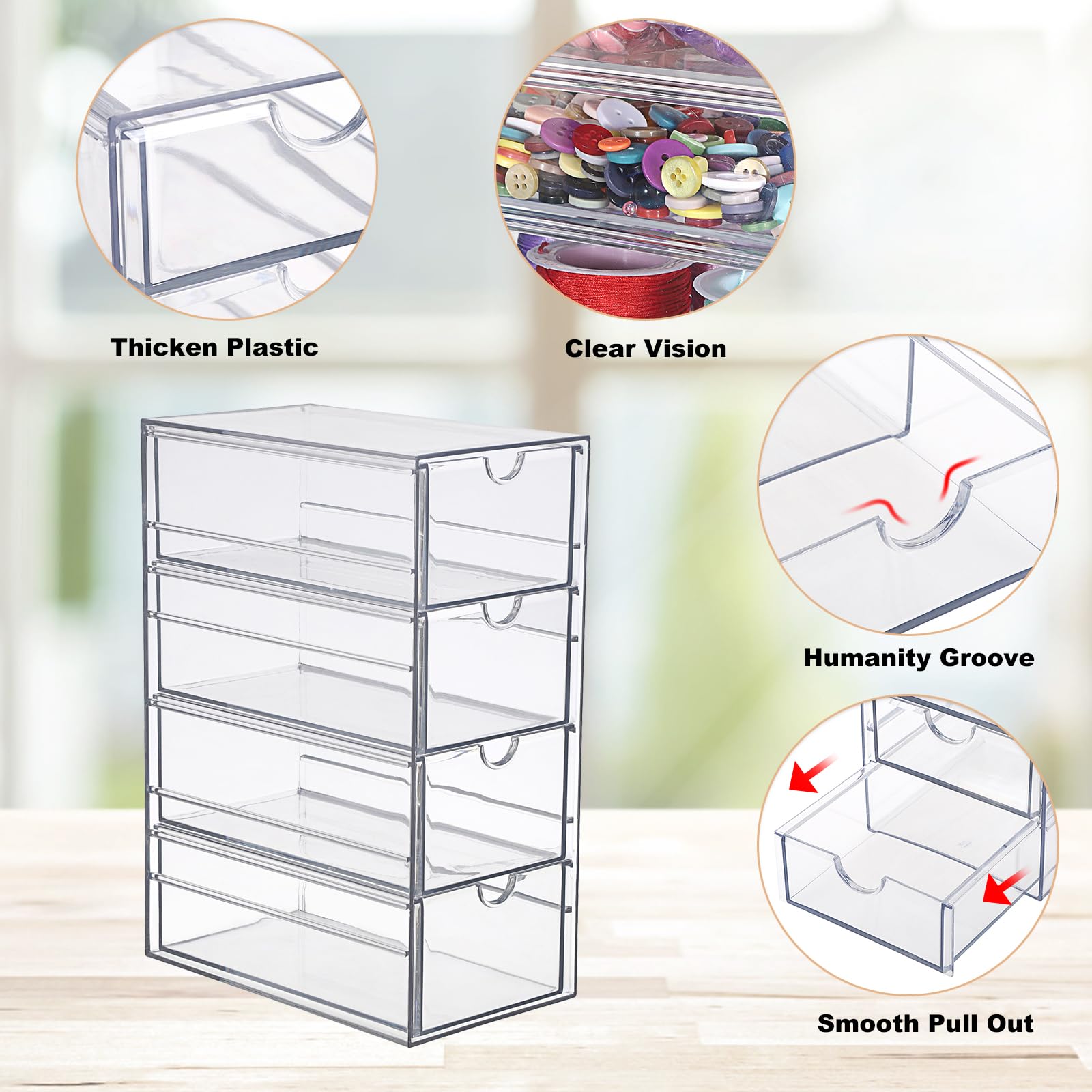 SUMTree Clear Desk Organizer Box with 4 Drawers, Plastic Stackable Desktop Storage Box - Image 3
