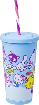 Silver Buffalo Sanrio Hello Kitty and Friends Featuring Little Twin Stars, My Melody, Kuromi, Keroppi, Chococat, Cinnamoroll, Pompompurin, Pochacco, Tuxedo Sam, Badtz-Maru Matte Plastic Tumbler, 20oz