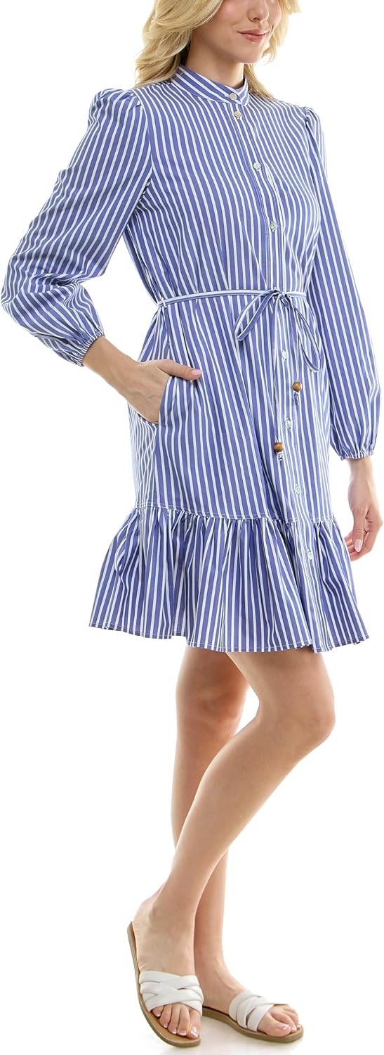 Nicole Miller New York Women's Long Sleeved Collarless Shirtdress with Self Tie