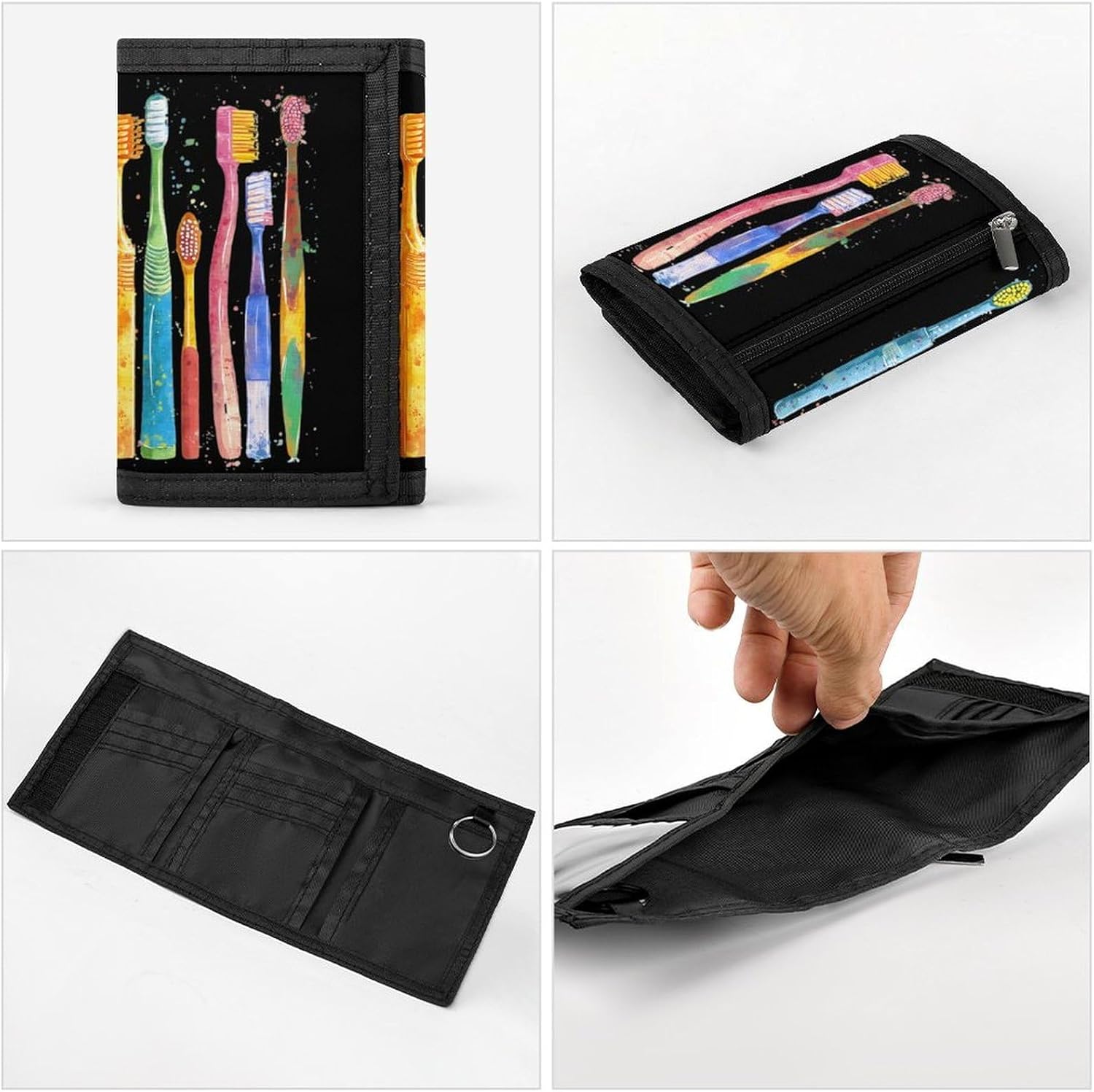Toothbrush Art Watercolor Trifold Slim Wallet Front Pocket With Money Clip And ID Credit Card Slots For Travel Work