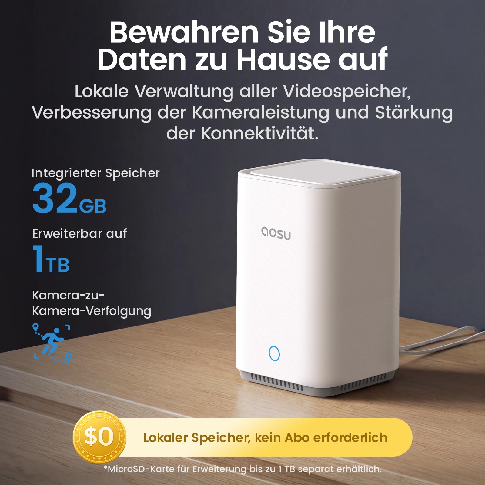 aosu D1 MAX 4K 8MP Überwachungskamera Aussen Solar Akku 360° PTZ, PIR | aosuBase 2.0, 32GB Lokal Speicher & 1TB Erweiterbare, PIR Person/Auto-Erkennung, Kein Abo Nötig, Nachtsicht, Heimsicherheit