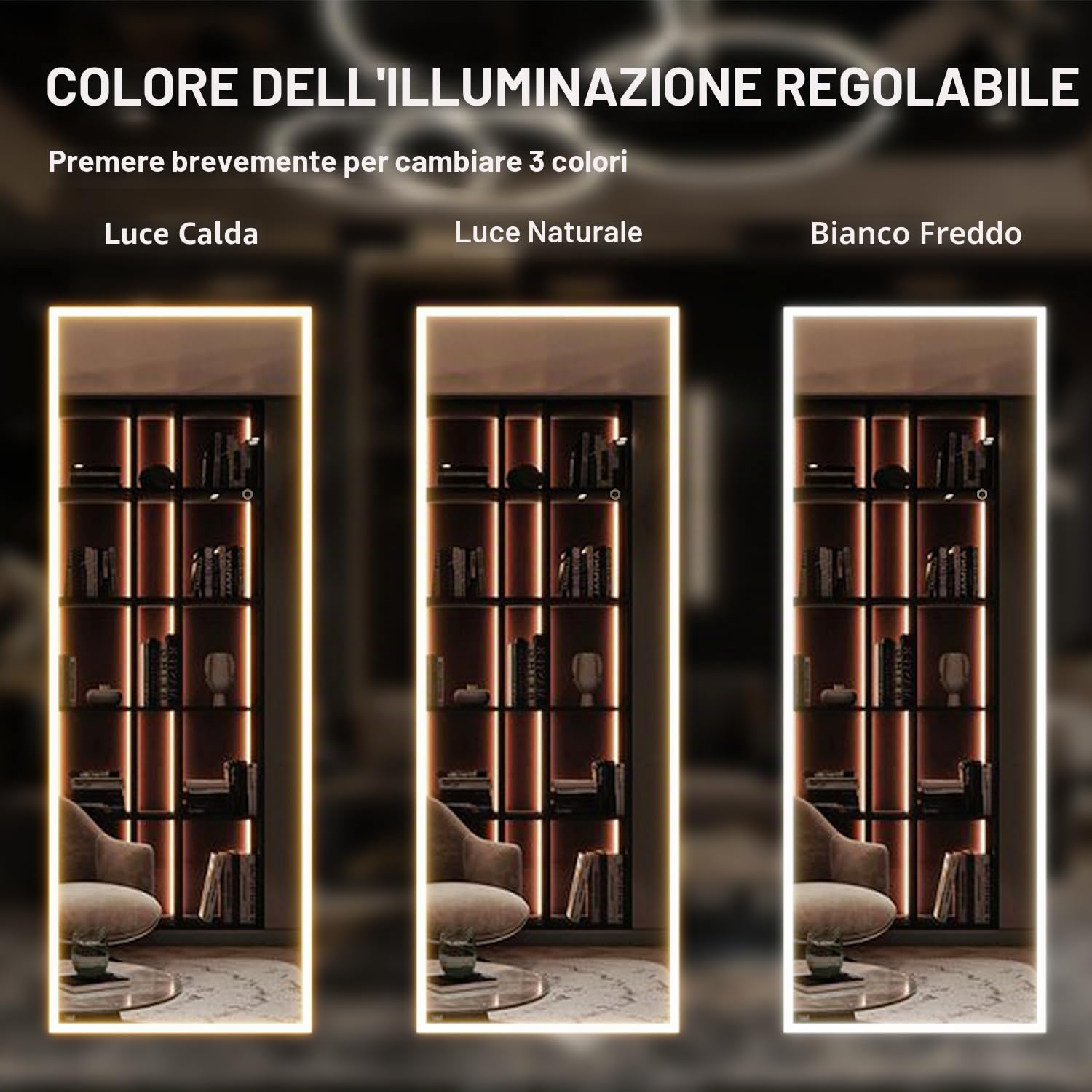 Specchio a figura intera a LED 160 x 50,8 cm, specchio rettangolare grande corpo per camera da letto soggiorno appeso o appoggiato alla parete telaio in lega di alluminio