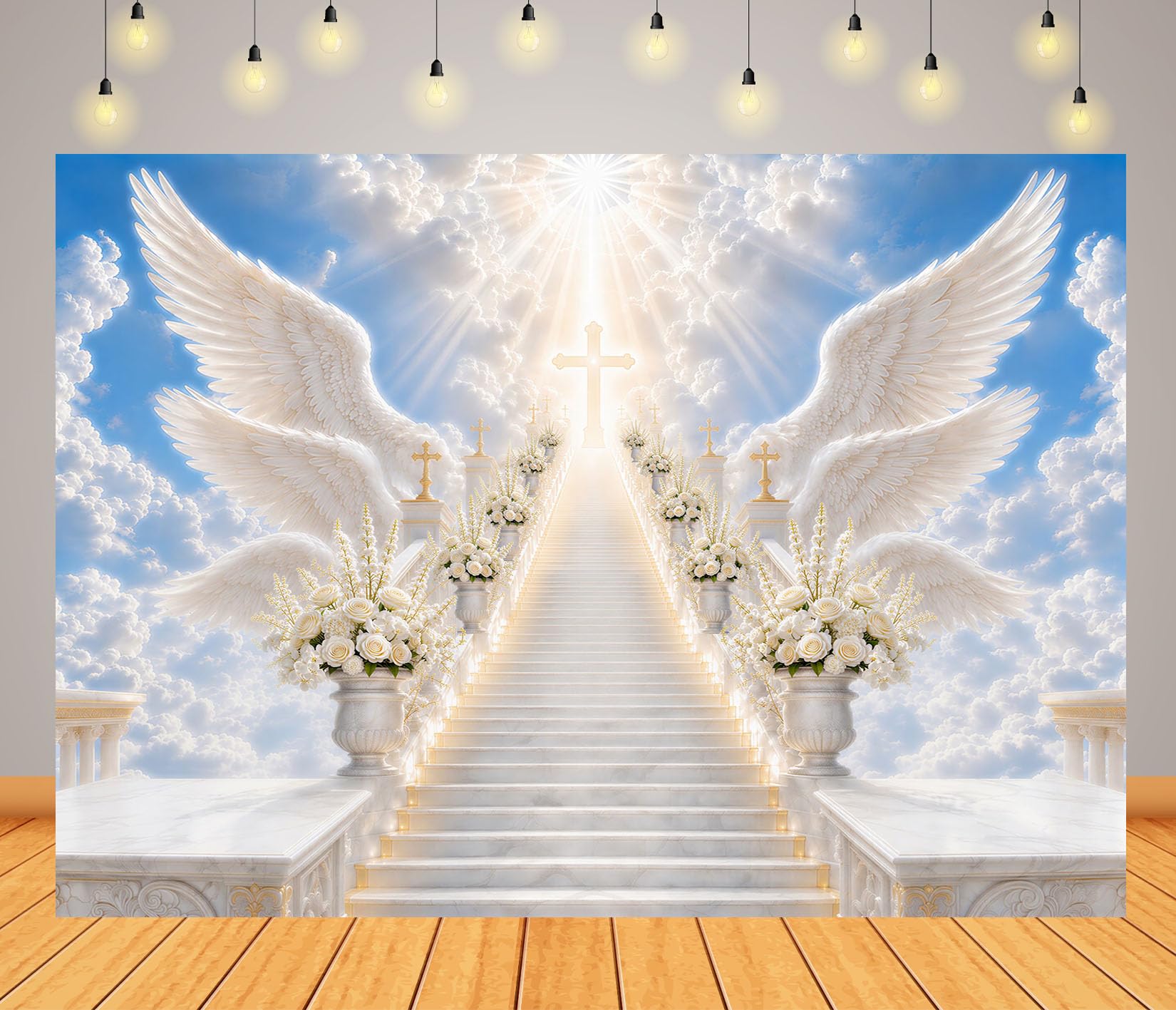 BELECO 3x2m Sfondo in tessuto Scale Verso Il Cielo Ali D Angelo | Luce Sacra Croce Scala verso Il Cielo Sfondo Celebrazione della Vita Striscia Accessori Fotografia Funebre Commemorativa