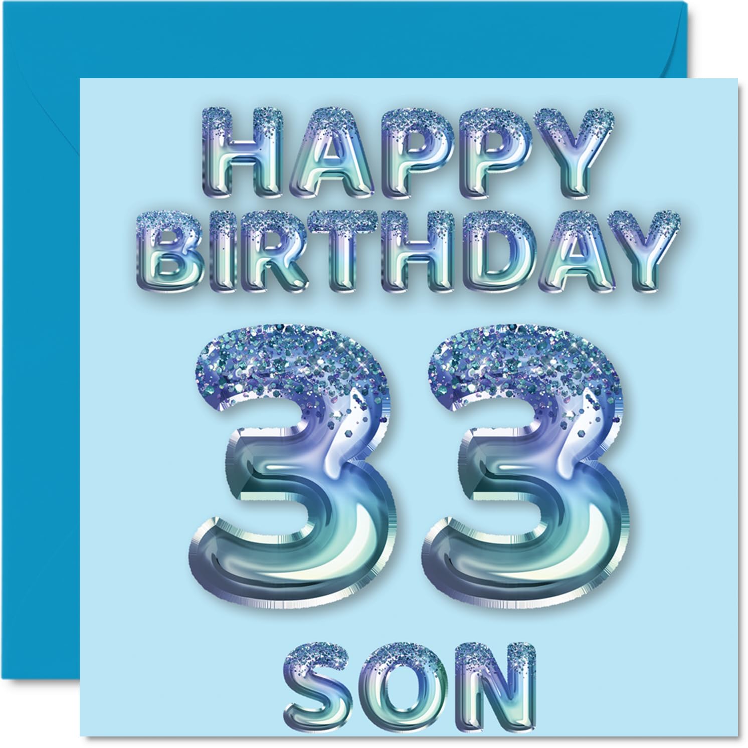 33rd Birthday Card for Son, Blue Glitter Party Balloons