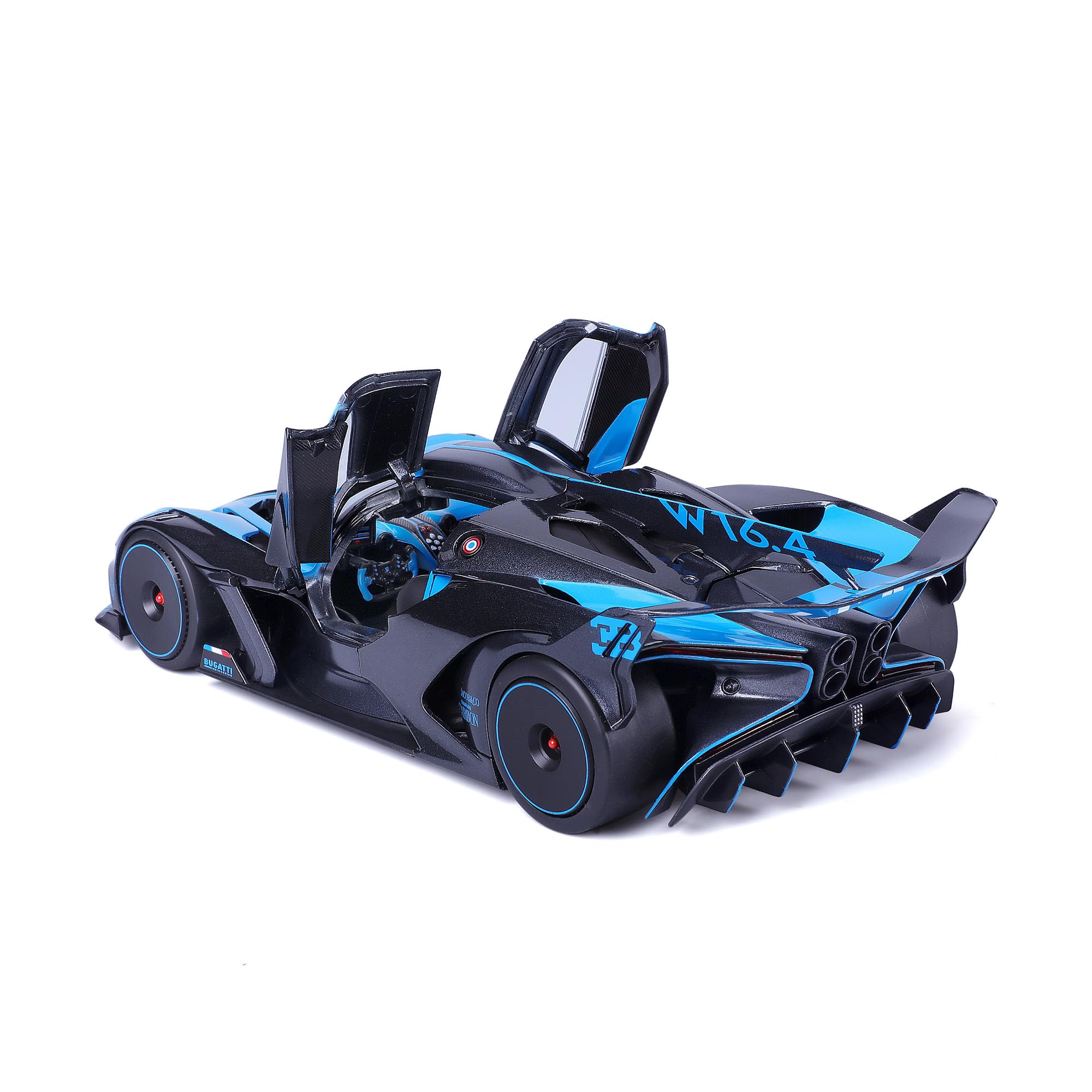 Burago Maqueta coche Bugatti Bolide, Escala 1:18, Diseño aerodinámico en azul y negro, Fabricado en die-cast metal, Puertas y capó de apertura manual, Interior detallado (78096)