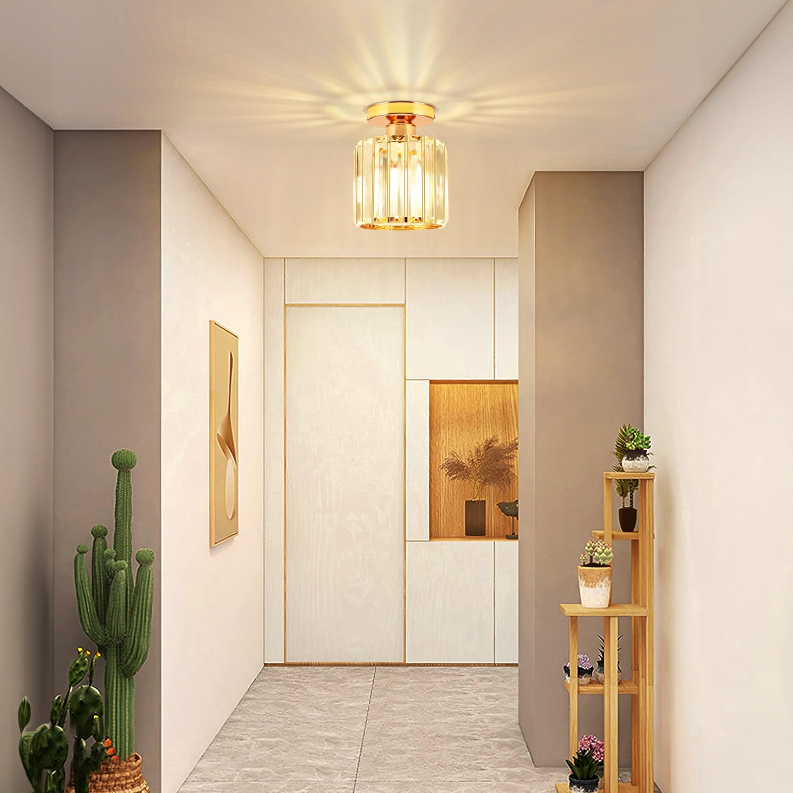 ALLOMN Plafonnier en Cristal Doré Semi-encastré, Lustre à LED Moderne pour Cuisine, Salle à Manger, Couloir, Salle de Bain, Balcon, Porche, Entrée