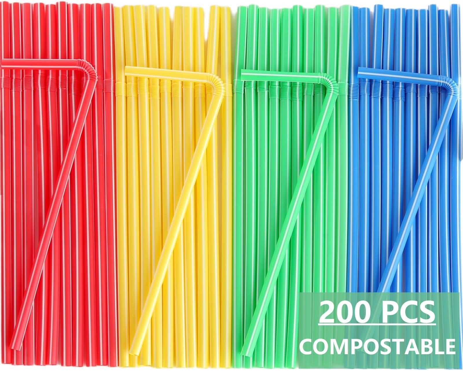 [200 Pcs] 100% Compostable Straws-VioBio Disposable Colorful Drinking Straws 8.25" Flexible PLA Straws Plant-Based Bendable Straws for Drinks, Beverages, Smoothies, Milkshake