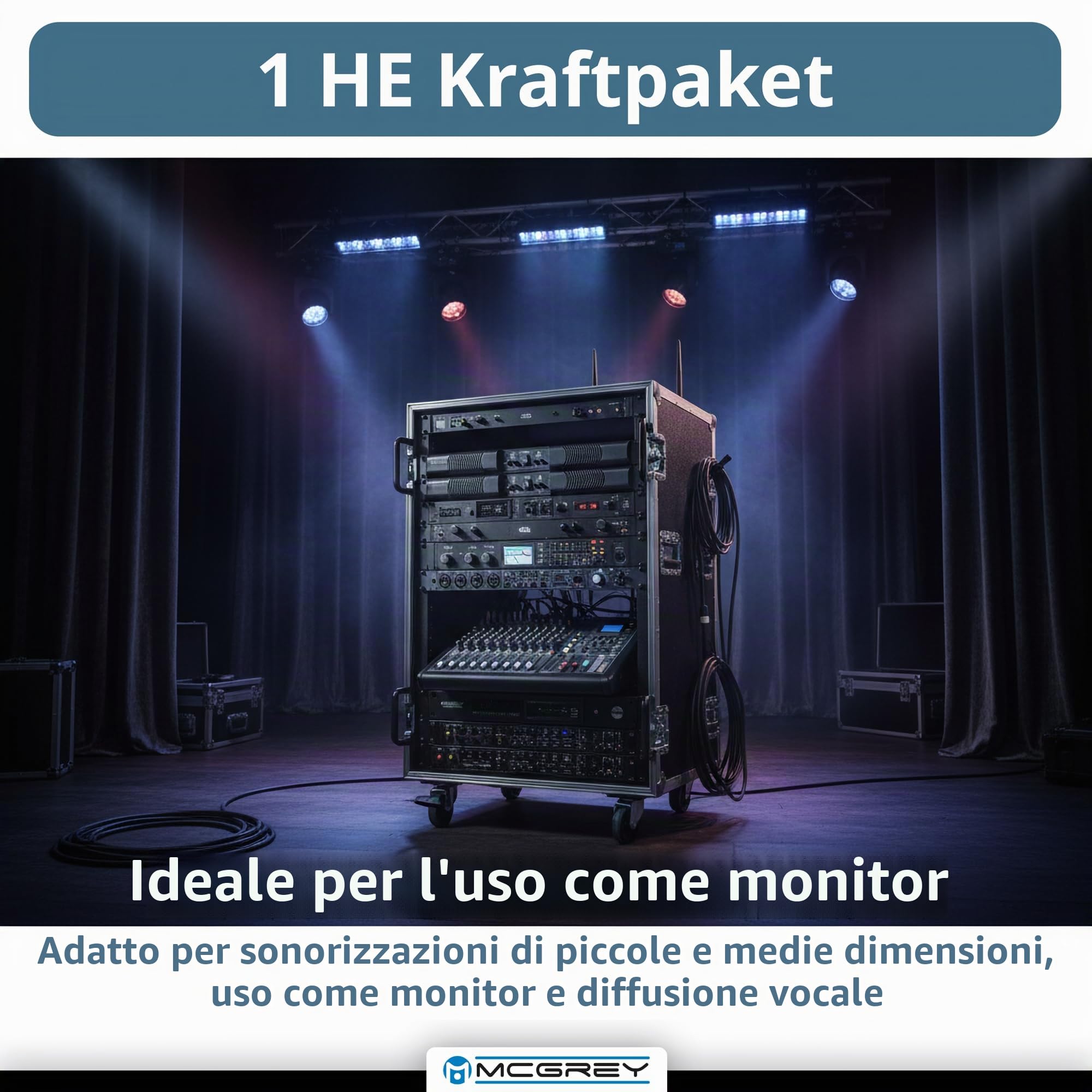 McGrey PA-4504 Amplificatore 1U 4x450W Class-D, 4 canali con ingressi XLR/Speakon, protezioni, per rack 19" leggero 3,5 kg — ideale per band, DJ, eventi e installazioni fisse