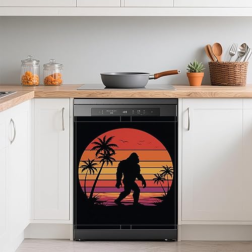 Bigfoot Dishwasher Covers for The Front Magnetic,Retro Beach Coconut Tree Refrigerator Magnets Decoration,Reusable Dishwasher Cover Panel for Home Kitchen Decor 23x26 Inch
