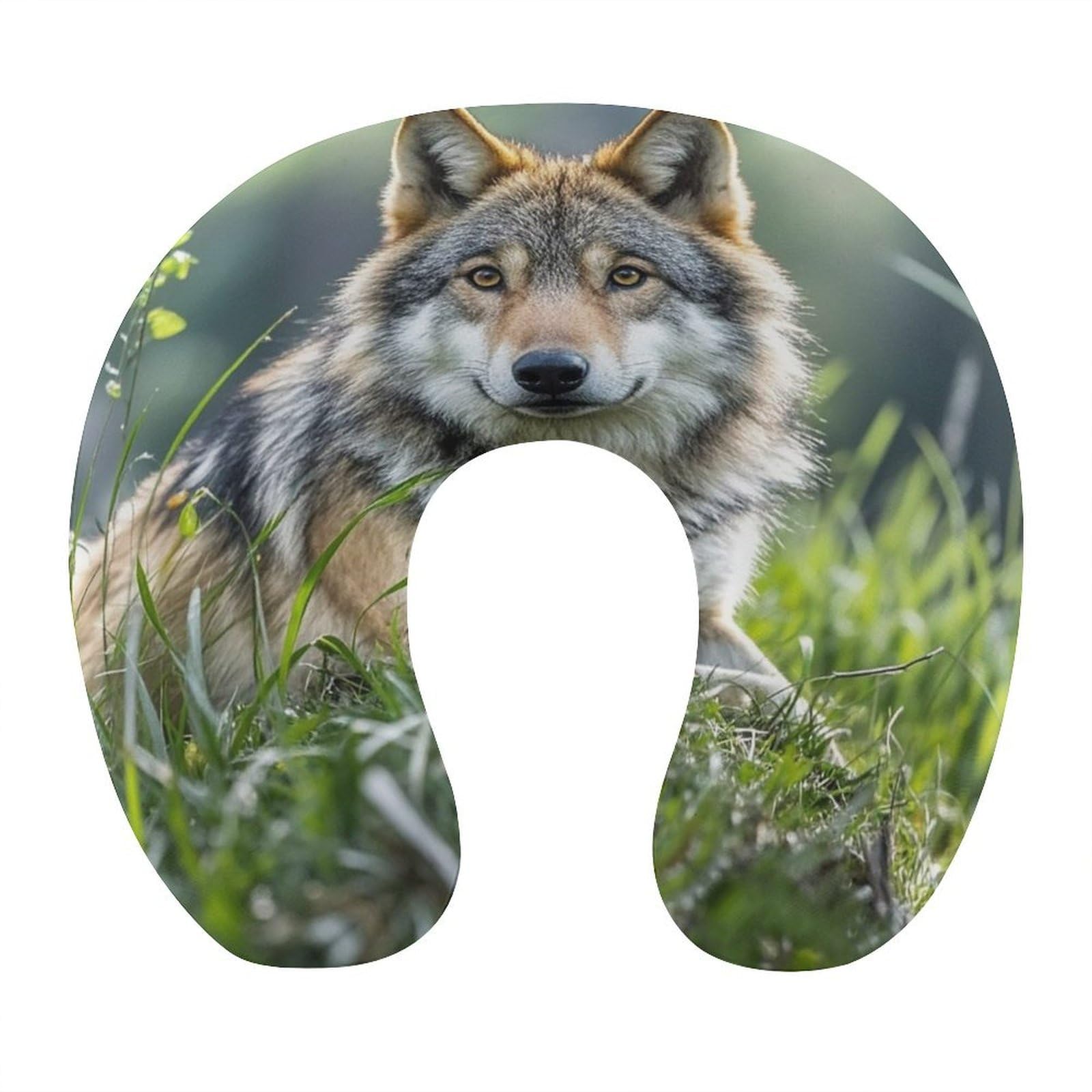 FekiLoot Wolf On The Grass Travel Pillow Comfortable U Shape Memory Foam Pillows Neck and Head Support Portable Travel Neck Pillow Suitable for Planes Trains Self-Driving Cars