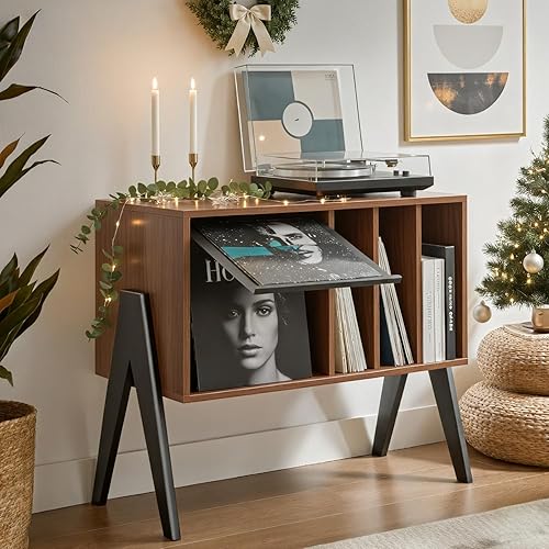 Soporte para tocadiscos con gabinete de almacenamiento de vinilo, mesa consola giratoria moderna de mediados de siglo de 40 pulgadas para exhibición
