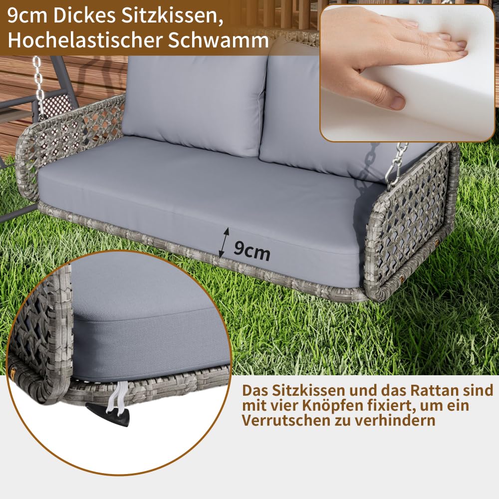 Balançoire suspendue en rotin synthétique - Double siège - Avec rembourrage - Charge maximale : 320 kg - Longueur : 240 cm - Pour la détente en plein air dans le jardin, la terrasse ou le balcon