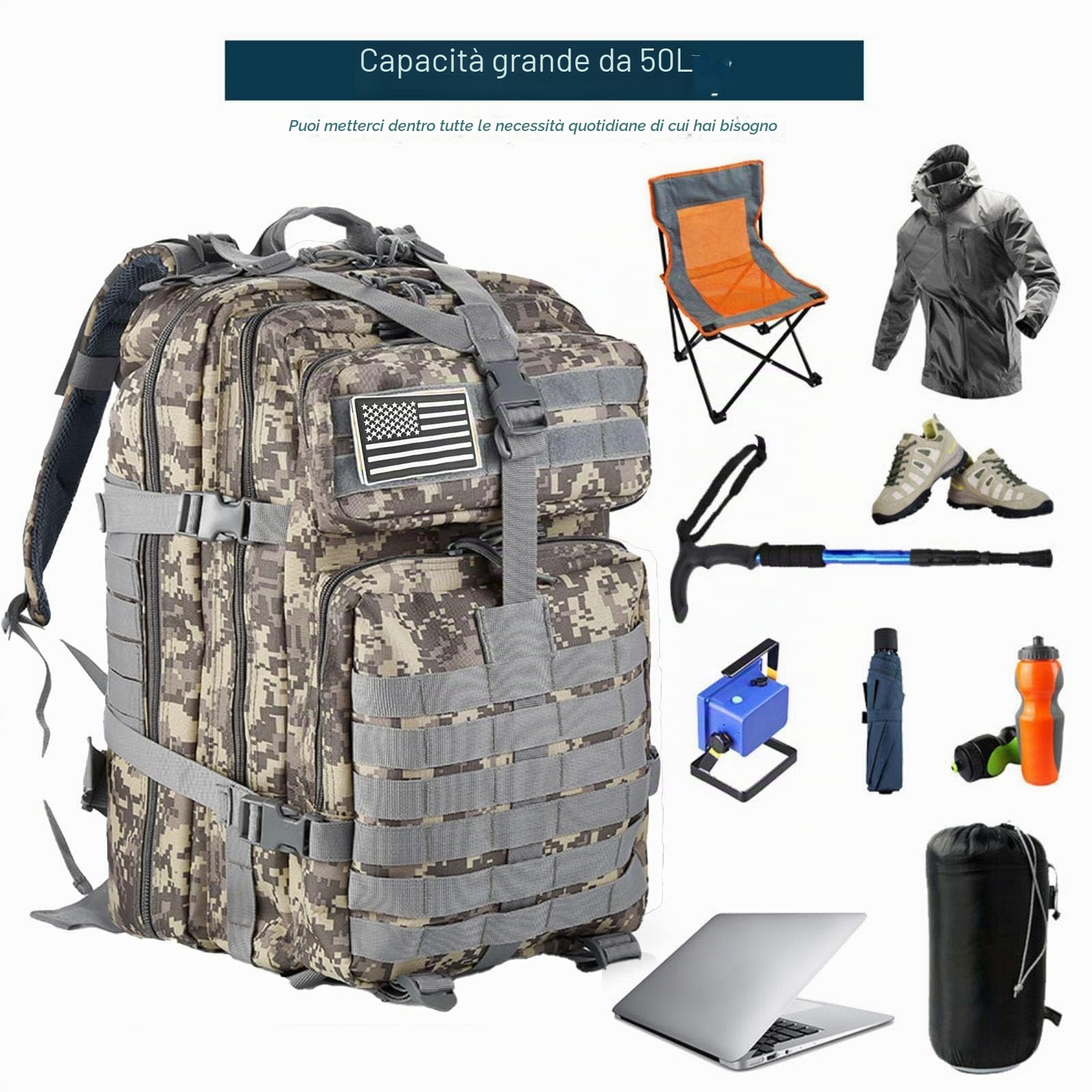 50 l, in nylon resistente, impermeabile, da pesca, da caccia, per attività all'aria aperta, per sport tattici, campeggio, escursionismo