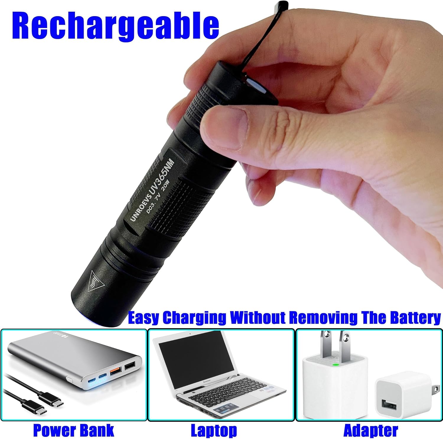 UNROEVS UV Flashlight Rechargeable 365nm Black Light for Pet Urine Detection,Small Ultraviolet Flashlight for Resin Curing,Rocks and Minerals,High Definition Pure Ultraviolet