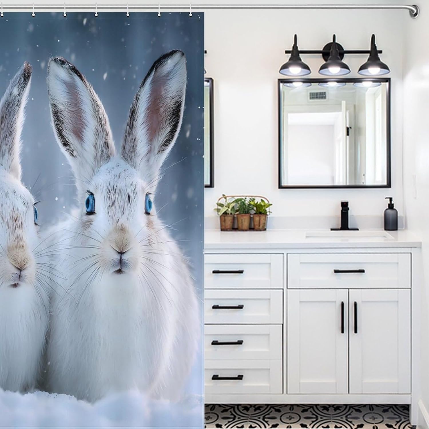Christmas Winter Rabbits Shower Curtain 46.85x70.87Inch（119x180cm） Polyester Bath Curtain Shower Curtains Printed Decorative