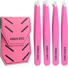 Precision Eyebrow Tweezers for Women Facial Hair Removal, 4-Type Pink Tweezers Set Slant, Pointed, Round, Flat Tips with Carrying Case for Ingrown Hair Remover and Eyebrow Shaper.