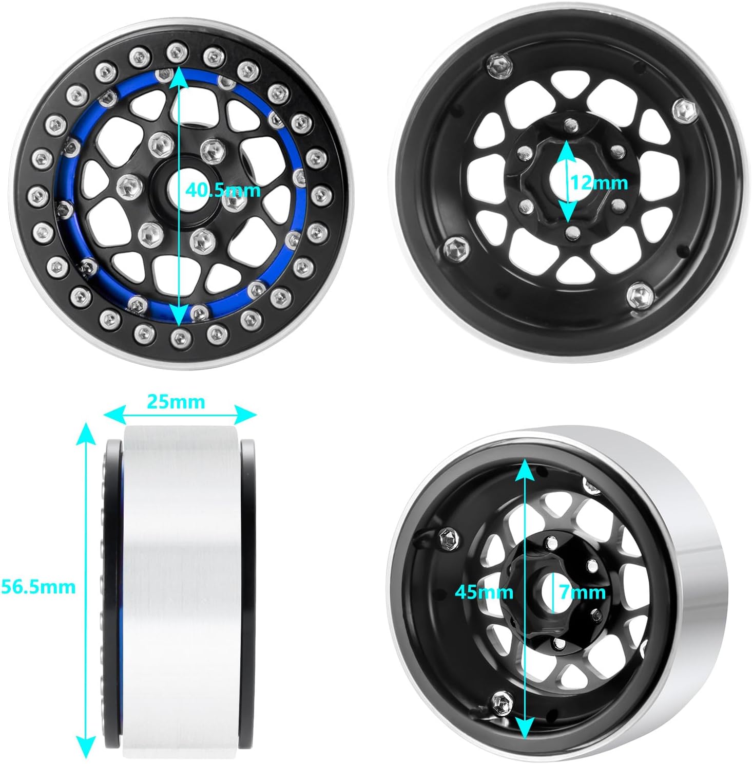 4PCS Beadlock Rims 1.9 Inch Wheels RC Rim Hub Aluminum Beadlock Rims for SCX10 CC01 F350 D90 90034 TRX4 1/10 RC Crawler - 12mm Hex (Matte Black+Blue)