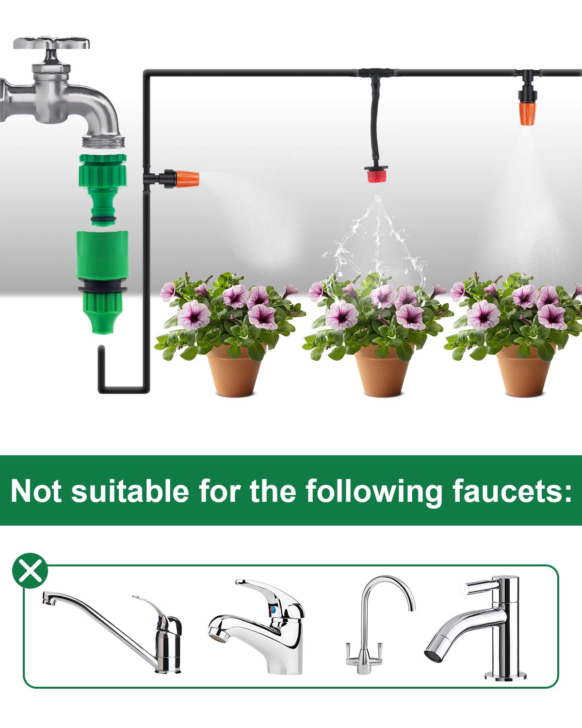 50Ft Automatic Drip Irrigation System for Garden, 1/4" Micro Watering Kit with Adjustable Misting Nozzle & Drippers - Ideal for Flower Beds, Patio Plants, Lawn, Greenhouse