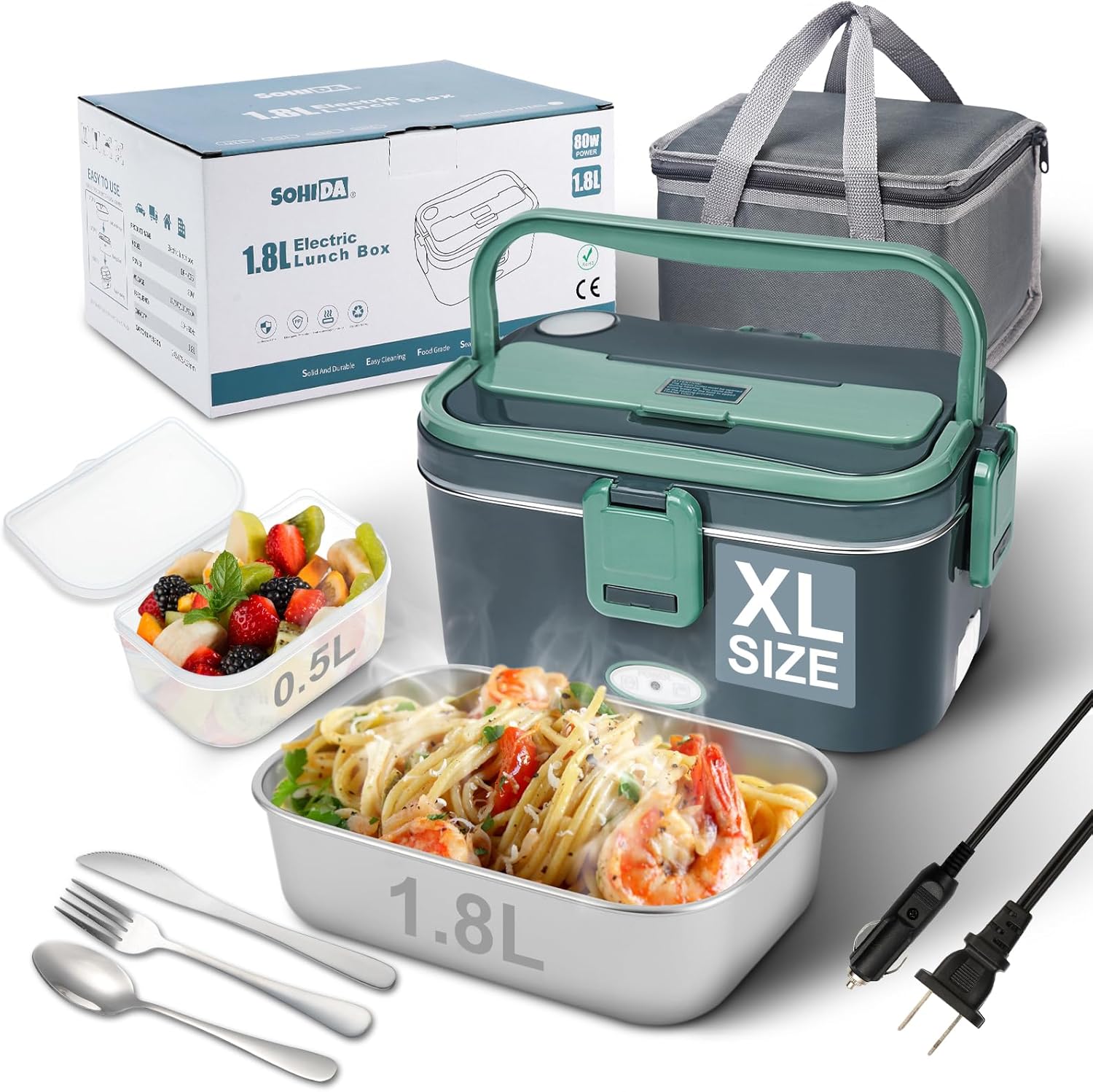 SOHIDA 1.8L+0.5L Heated Lunch Box for Men, 80W Electric Lunch Box with Long-handled Utensils for Adults, 12V/24V/110V Lonchera Eléctrica Portátil, Portable Food Warmer for Car/Truck/Office (B/G)