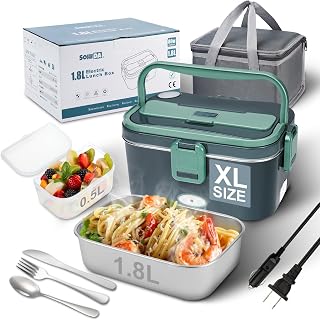 SOHIDA 1.8L Heated Lunch Box, 80W Electric Lunch Box with Long-handled Utensils for Adults, 12V/24V/110V Lonchera Eléctrica Portátil, Portable Food Warmer for Car/Truck/Office (Blue-Green)